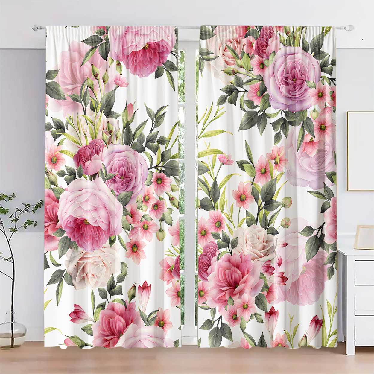 Home Decor Window Blinds - Retro Spring Flower Theme Print Drapes
