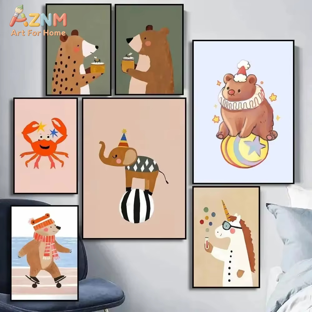 Watercolor Poster Print - Adorable Circus Animals Canvas Art Abstract