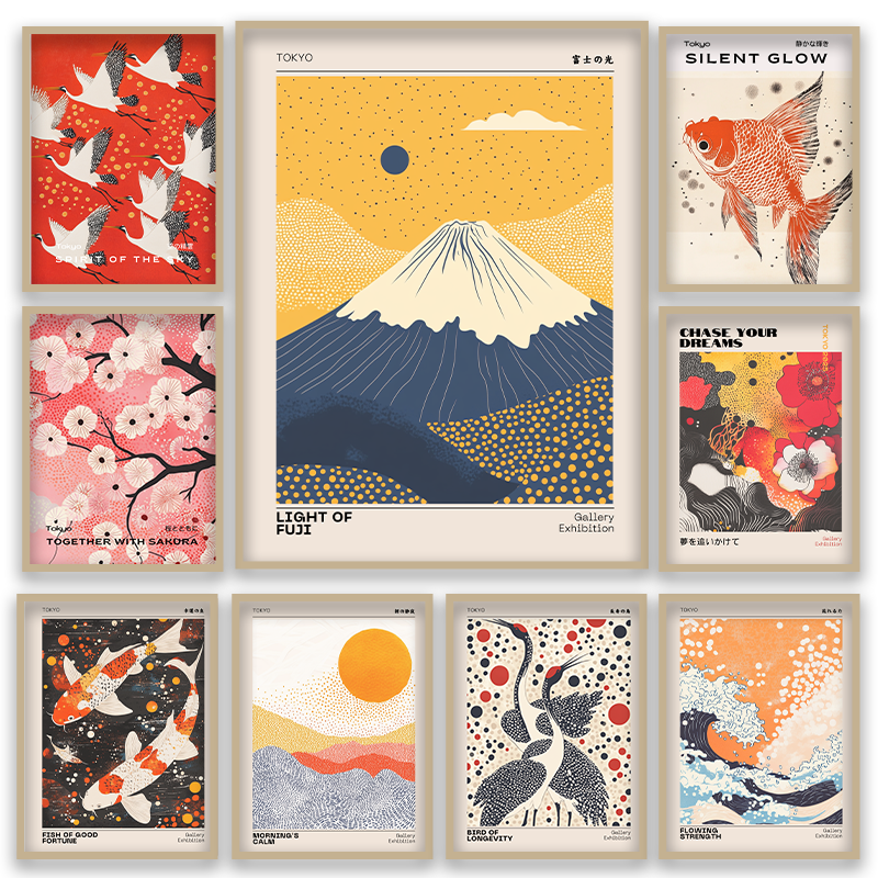 Home Decor Japandi Style - Japanese Ukiyo-e Style Fuji Mountain Cranes