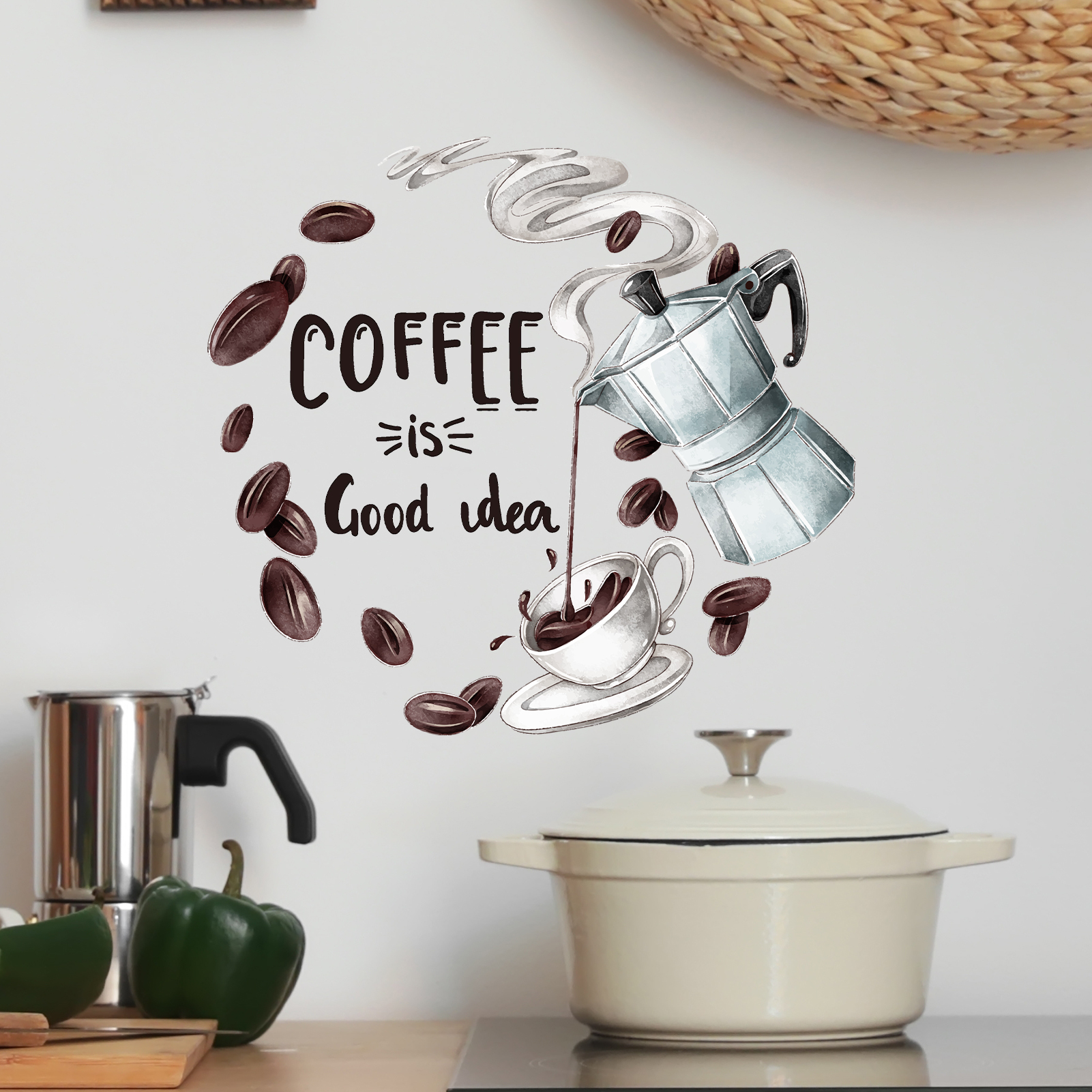 Home Decor Quotes Ideas - Watercolor Moka Pot Coffee Wall Stickers,