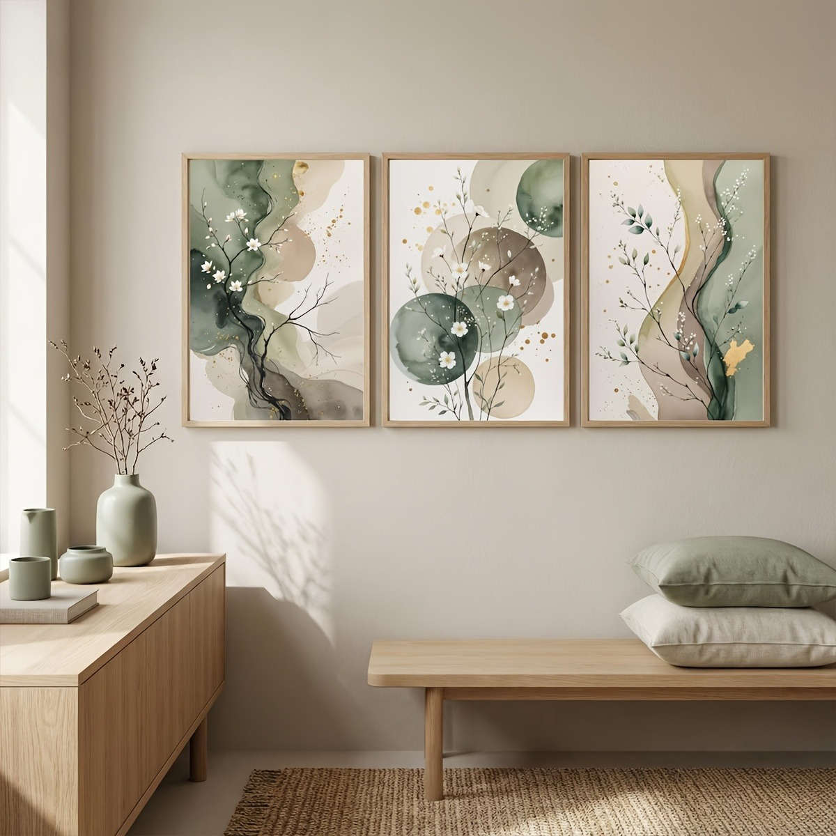 Home Decor Japandi Style - Japandi Watercolor Botanical Canvas Print Sage