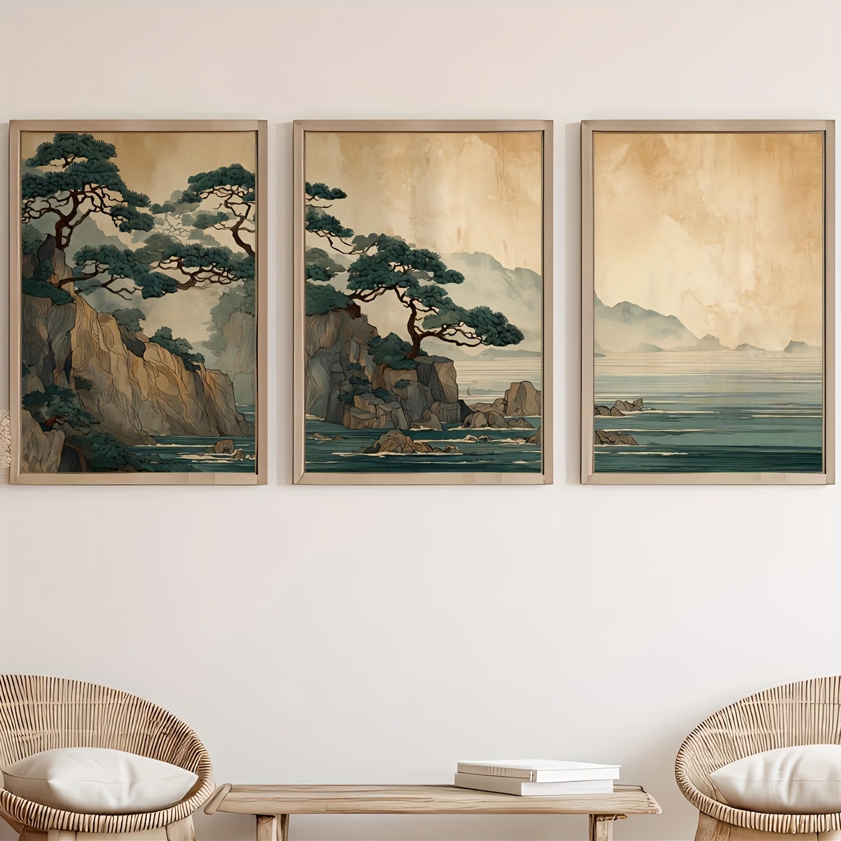 Home Decor Japandi Style - 3pcs/set Japanese Cliff and Ocean Landscape