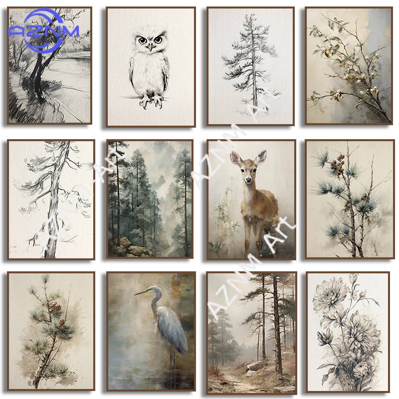 Watercolor Poster Print - Vintage Neutral Pine Branch Deer Fox