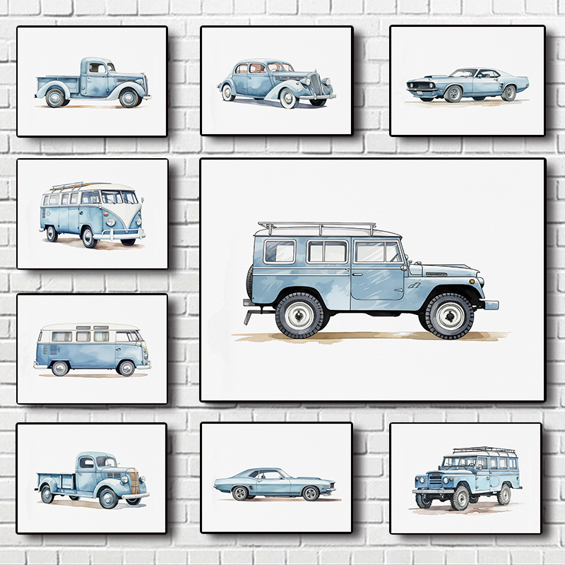 Classic Light Blue Car Vehicle - مراجعة Watercolor Poster Print وسعره