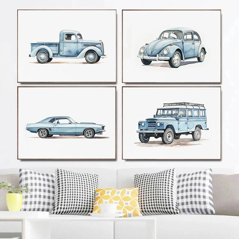 Classic Light Blue Car Vehicle - مراجعة Watercolor Poster Print وسعره