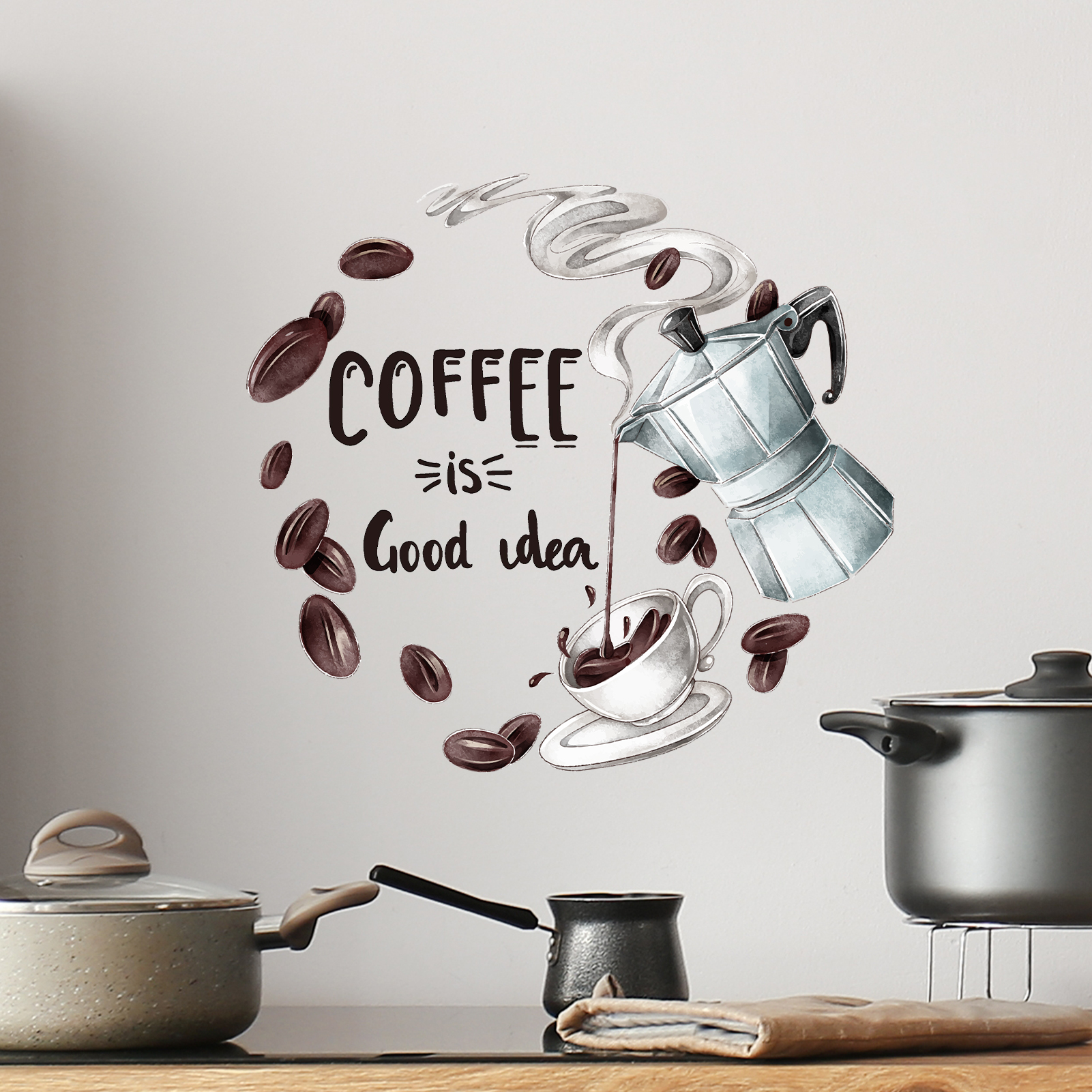 Watercolor Moka Pot Coffee Wal - مراجعة Home Decor Quotes Ideas وسعره