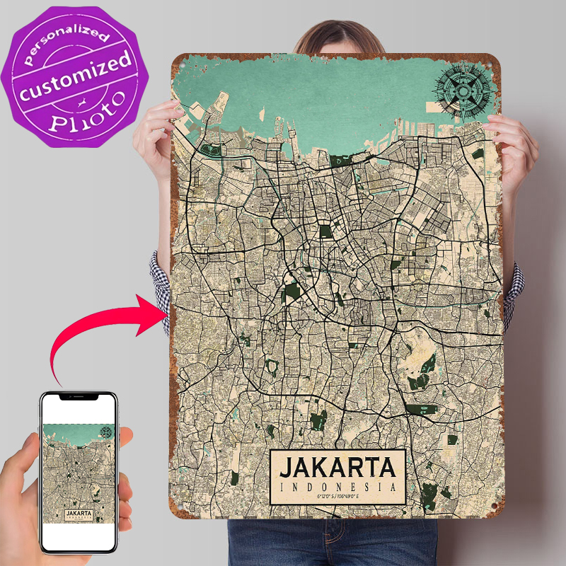 Jakarta City Map Vintage Metal - مراجعة Home Decor Jakarta وسعره
