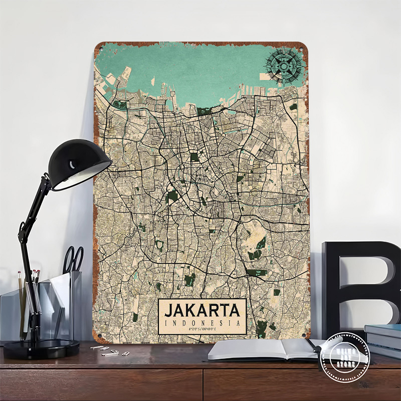 Jakarta City Map Vintage Metal - مراجعة Home Decor Jakarta وسعره