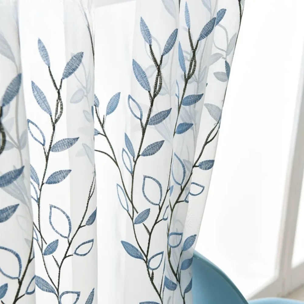 Blue Leaf embroidered Voile Tu - مراجعة Home Decor Window Blinds وسعره