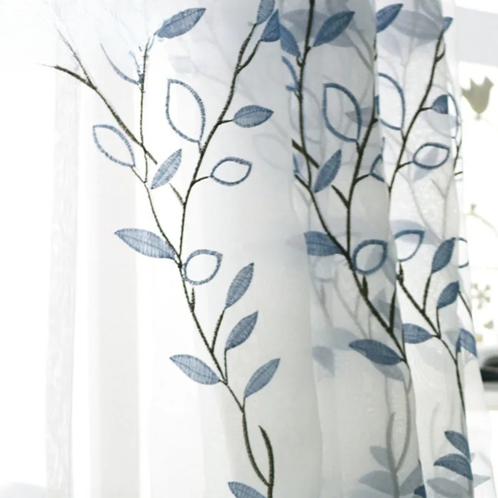 Blue Leaf embroidered Voile Tu - مراجعة Home Decor Window Blinds وسعره