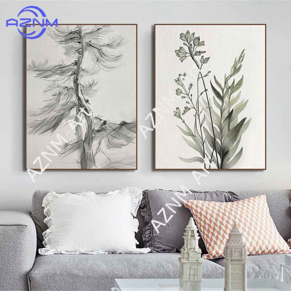 Vintage Neutral Pine Branch De - مراجعة Watercolor Poster Print وسعره