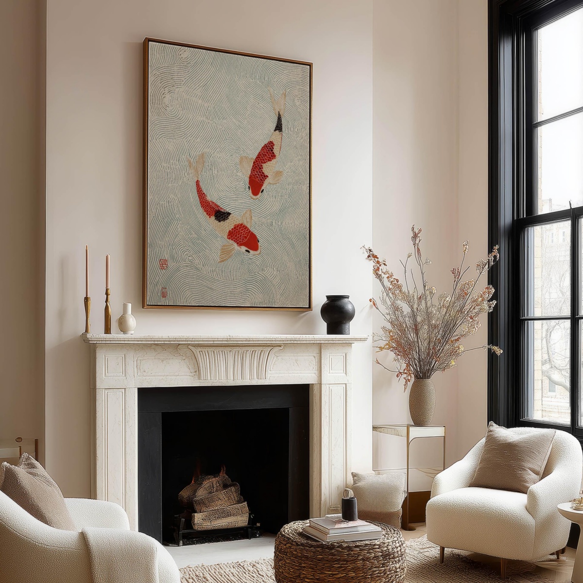 Japanese Red Cream Koi Canvas  - مراجعة Home Decor Japandi Style وسعره